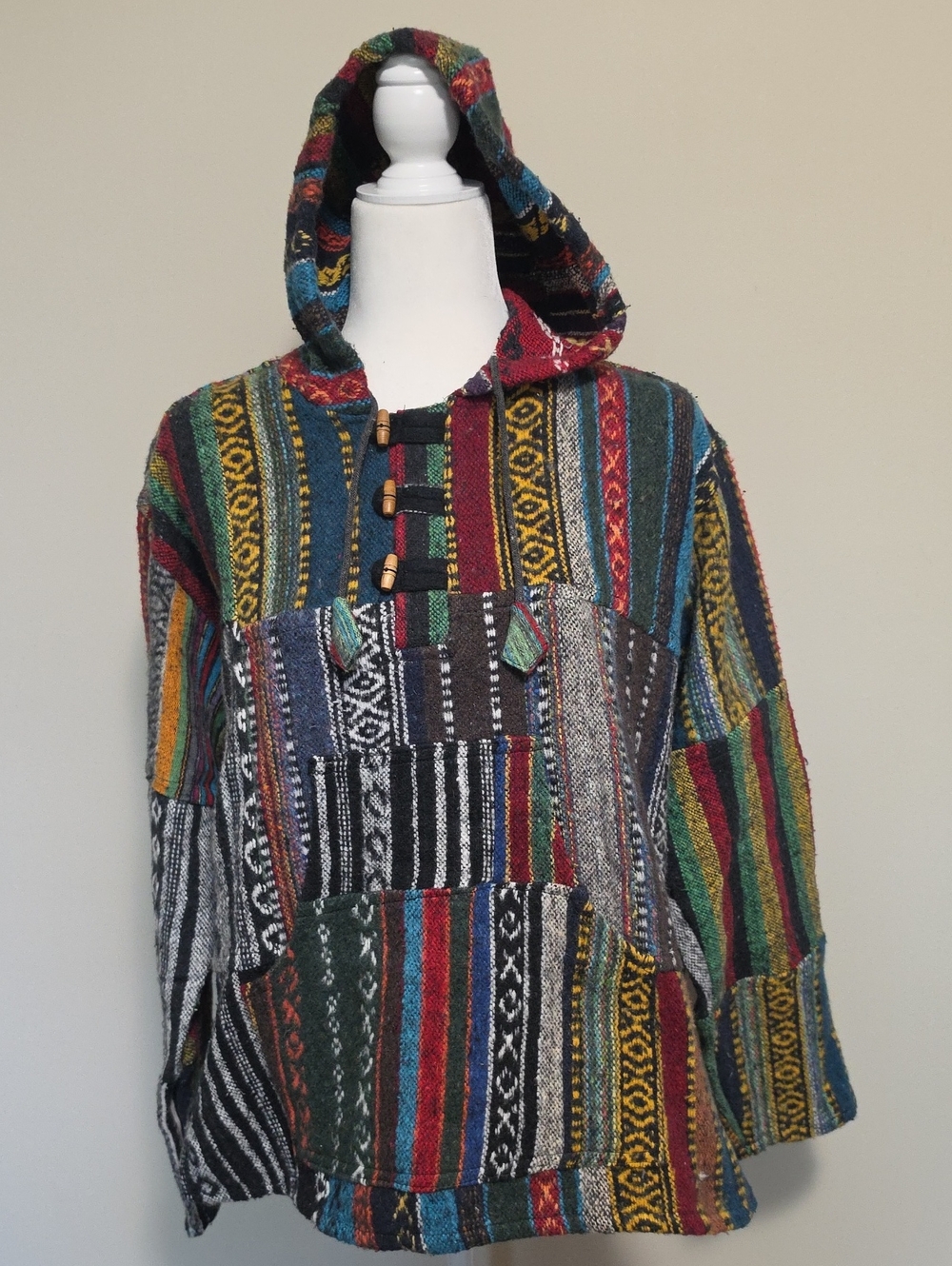 India Boutique Boho Patchwork Hoodie Size Small Multicolored Striped Gheri Cotto